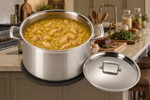 Thick yellow split pea soup with bite-size chicken in a Le Creuset stainless stockpot on a trivet