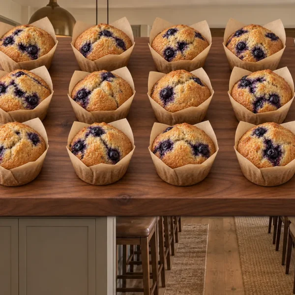 Twelve sprouted blueberry muffins for Full GAPS on a walnut board in the WFLI kitchen
