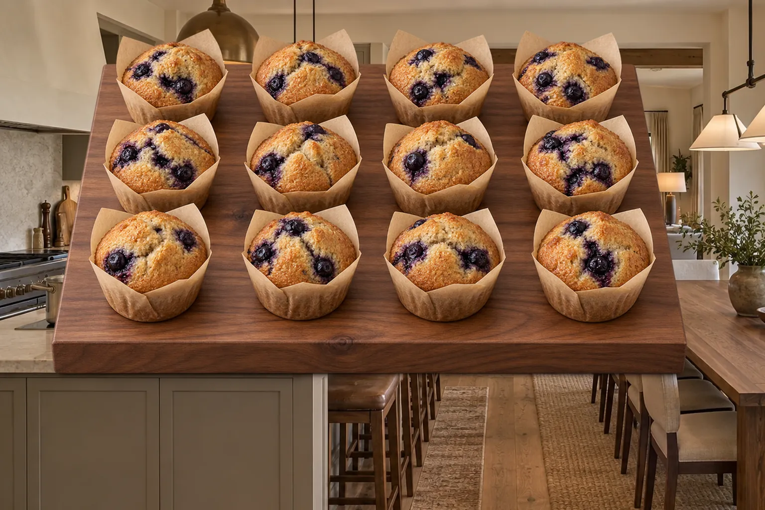 Twelve sprouted blueberry muffins for Full GAPS on a walnut board in the WFLI kitchen