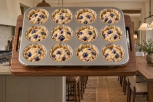 Twelve lined cups filled with thick blueberry muffin batter before baking for Full GAPS