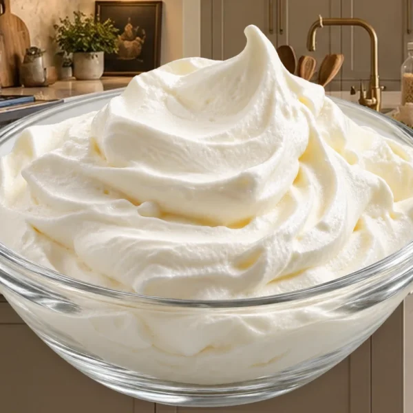 Stabilized raw whipped cream holding soft billowy peaks in a clear glass bowl