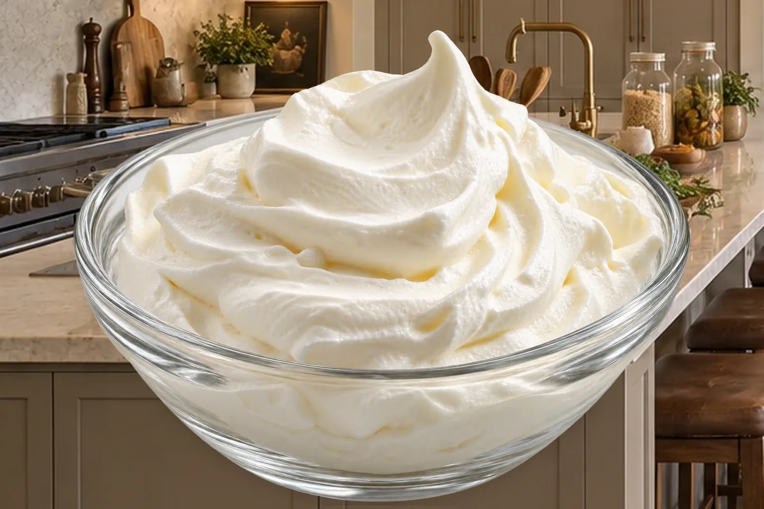 Stabilized raw whipped cream holding soft billowy peaks in a clear glass bowl