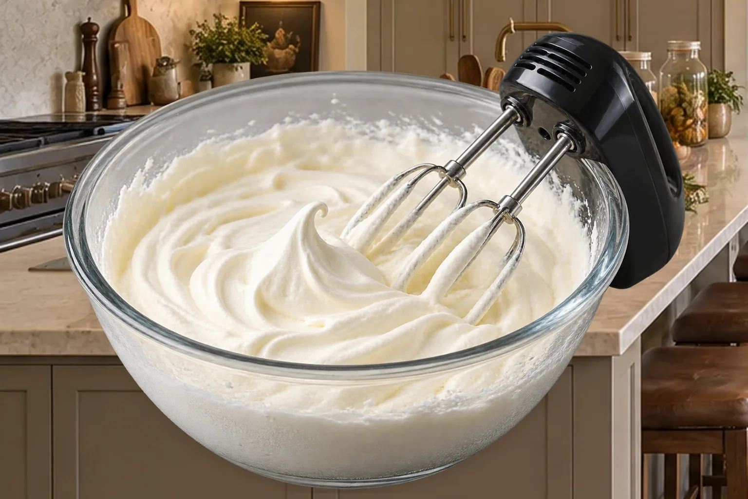 Very cold fresh raw cream beaten just to soft peaks in a chilled glass bowl