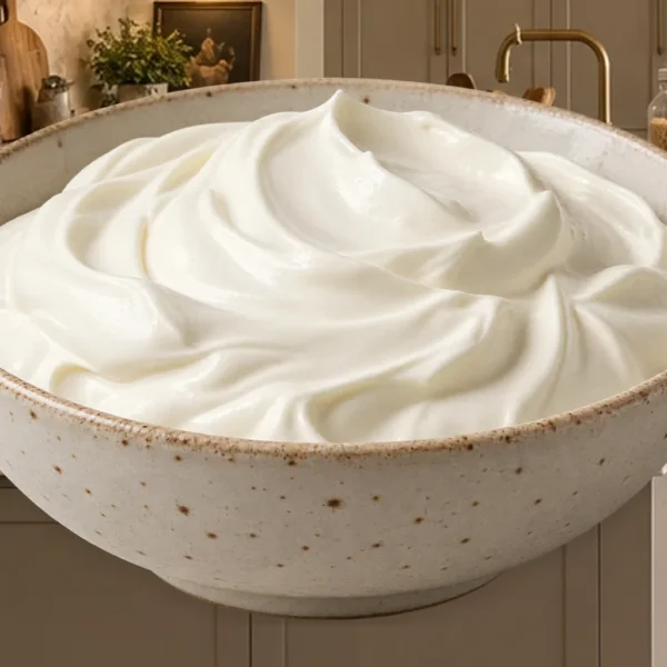 Stable cultured sour cream topping with smooth billowy swirls in a cream ceramic bowl