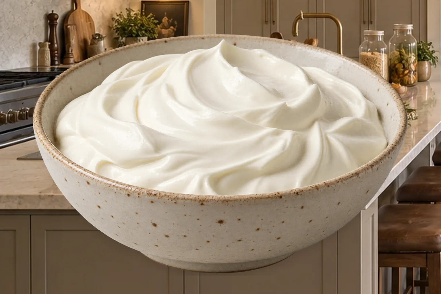 Stable cultured sour cream topping with smooth billowy swirls in a cream ceramic bowl