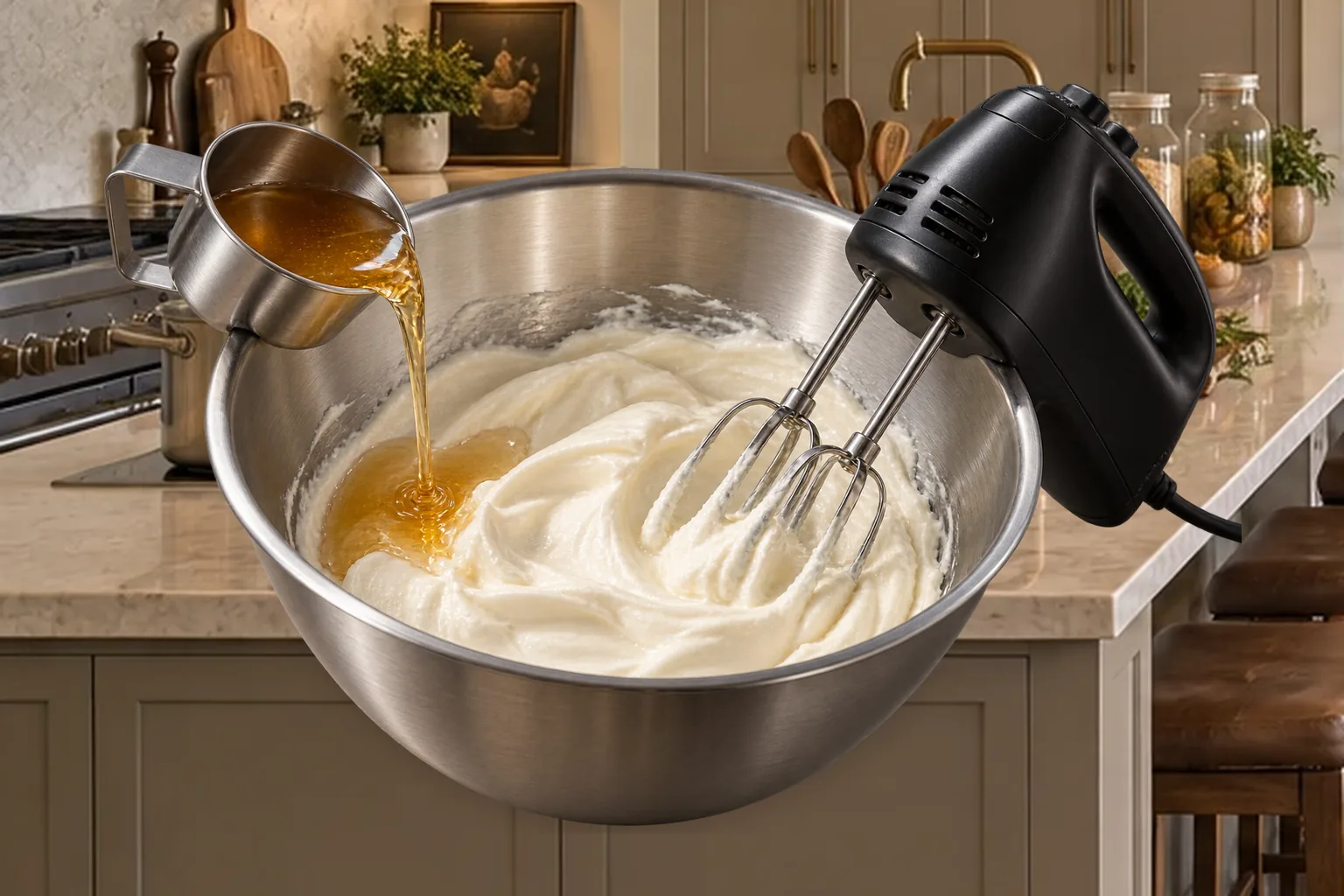 Gelatin and raw honey mixture streaming into loosened cultured sour cream beside supported mixer beaters
