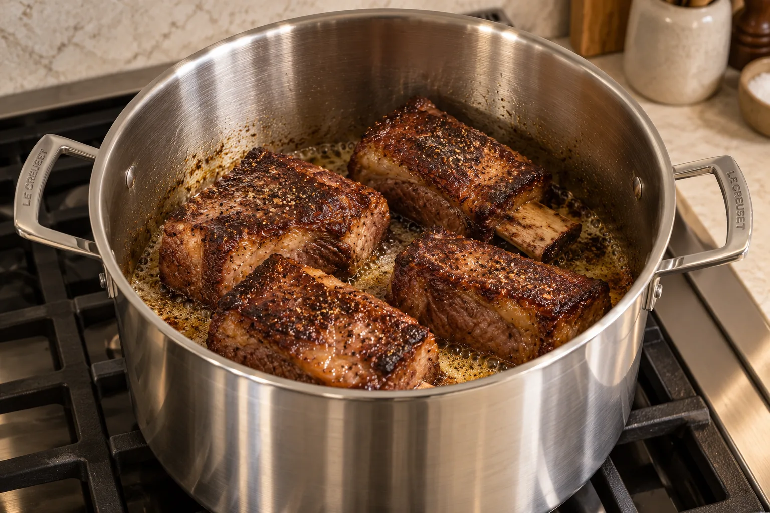 Bone-in beef short ribs seared dark brown in ghee inside a Le Creuset stainless stockpot