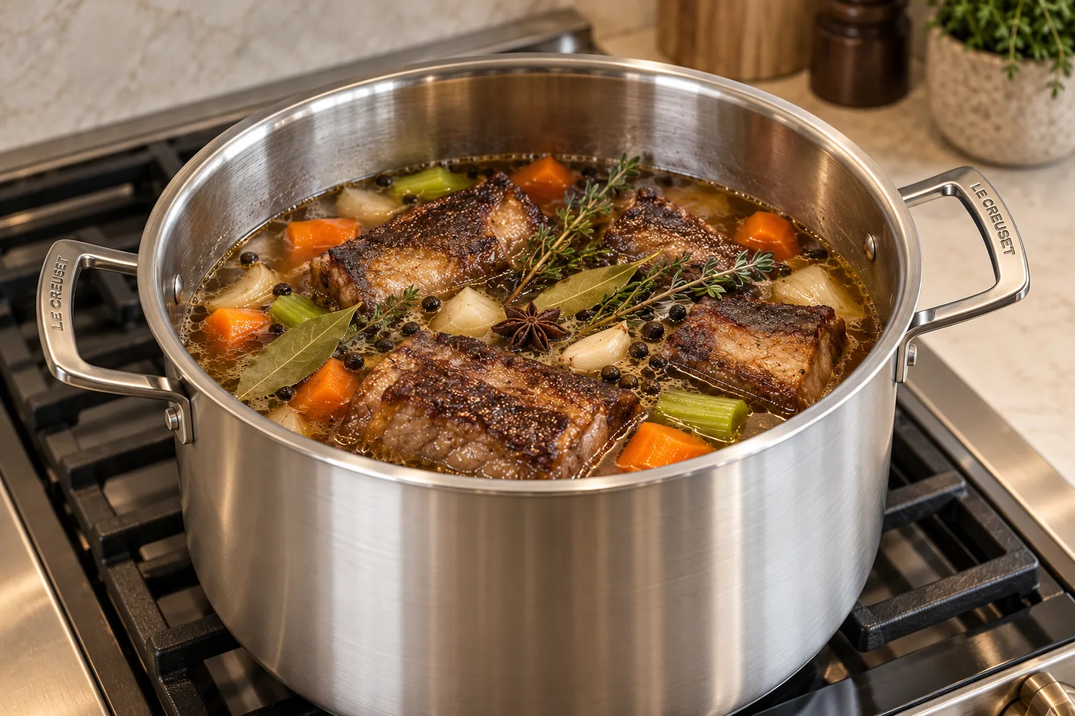 Browned short ribs with vegetables herbs star anise and beef stock three-quarters up the meat
