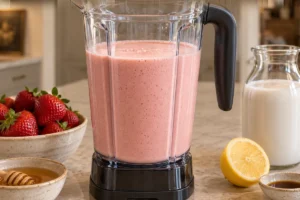 Smooth pale pink strawberry coconut mixture in a blender