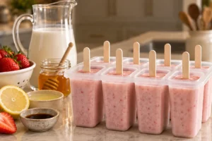 Popsicle molds filled evenly with strawberry coconut mixture