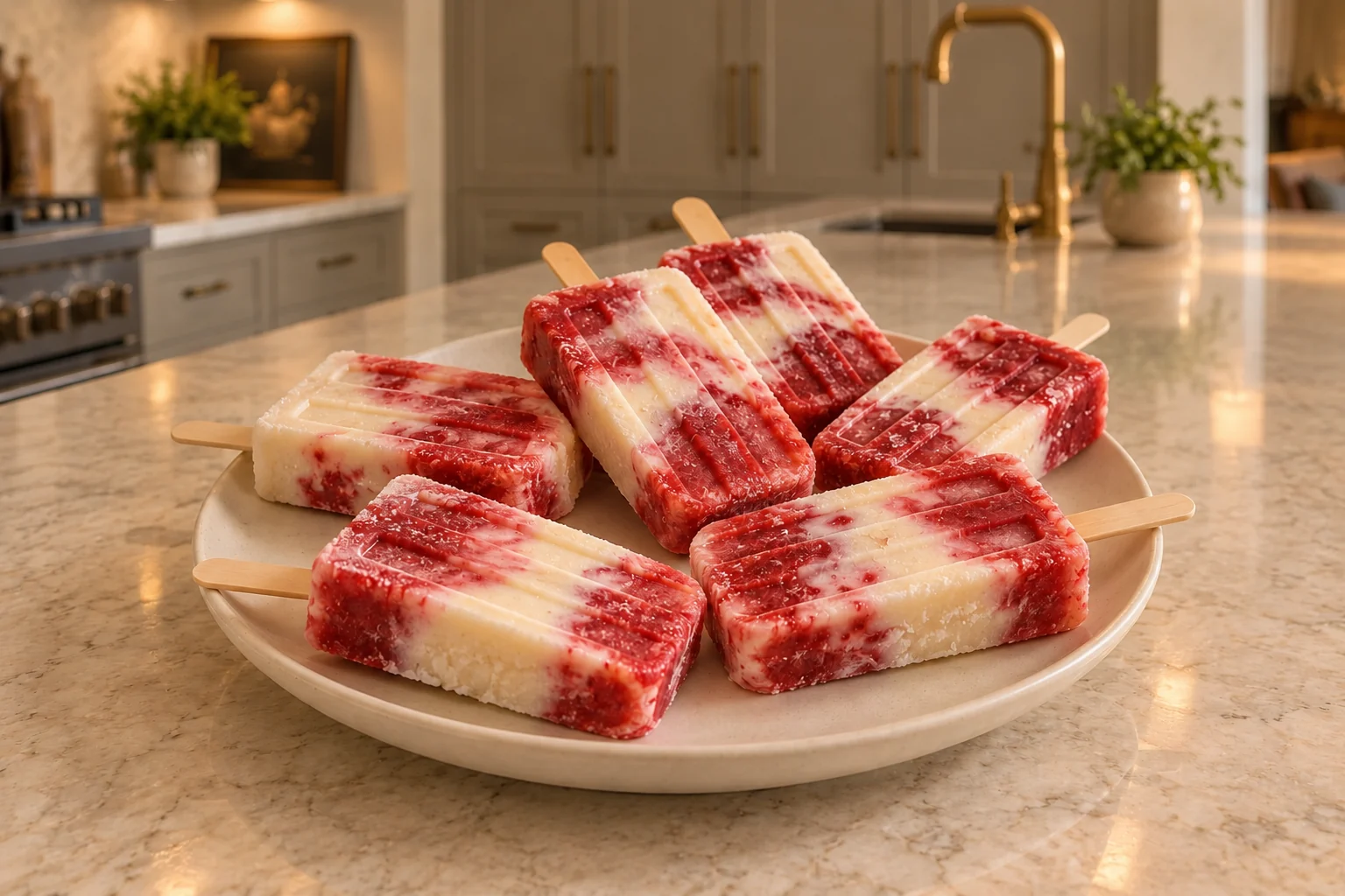 Six strawberry coconut cheesecake popsicles on a ceramic plate in the WFLI kitchen.