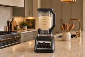 Pale coconut cheesecake mixture in a Ninja BN801 blender on the WFLI kitchen counter.