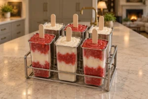 Six layered strawberry coconut cheesecake popsicle molds ready to freeze.
