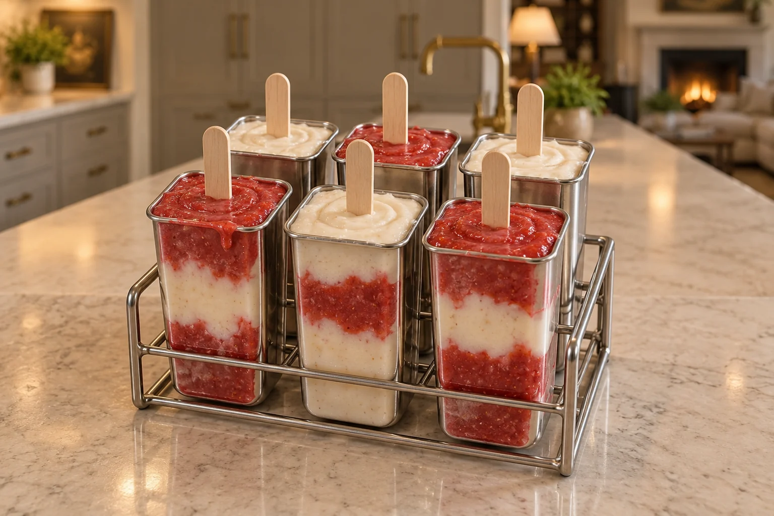 Six layered strawberry coconut popsicles in stainless molds before freezing