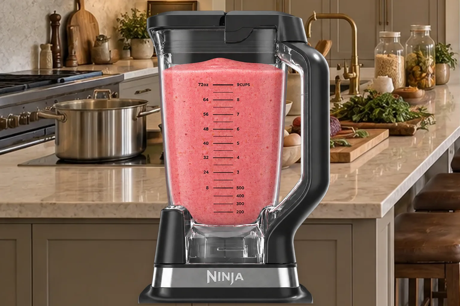 Smooth strawberry lemon smoothie in the stopped Ninja BN801 pitcher