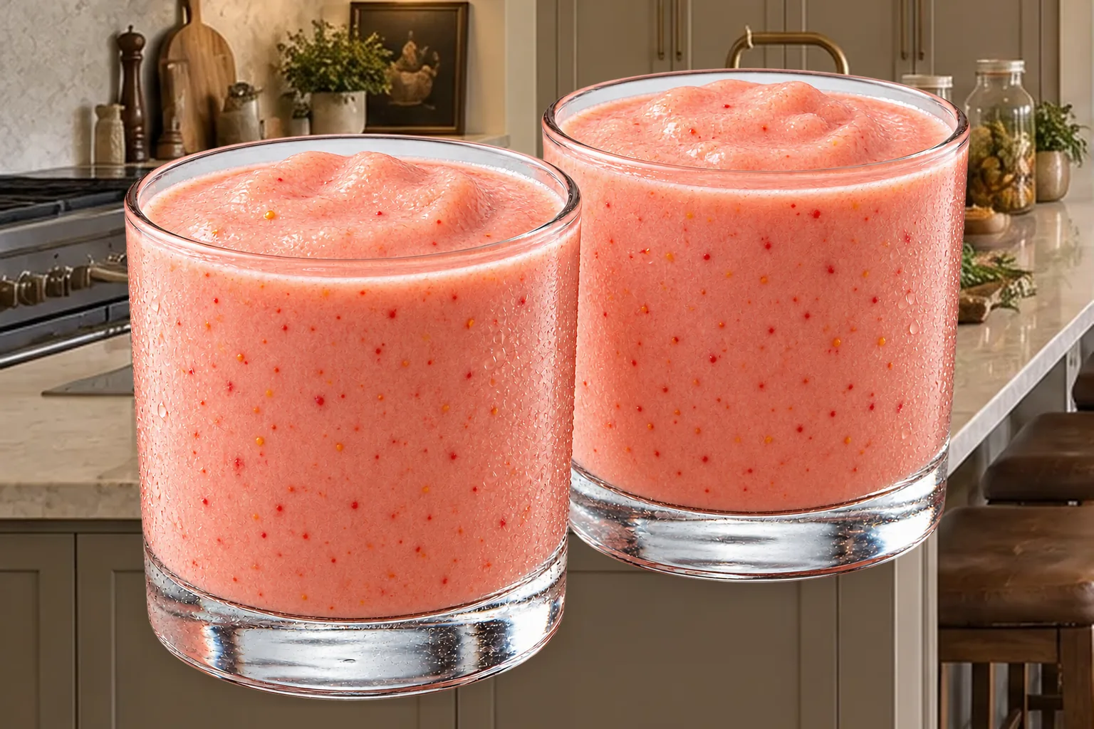 Two strawberry orange banana smoothies for Full GAPS in clear glasses