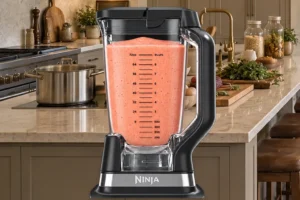 Smooth coral-pink strawberry orange banana smoothie in the stopped Ninja BN801 pitcher