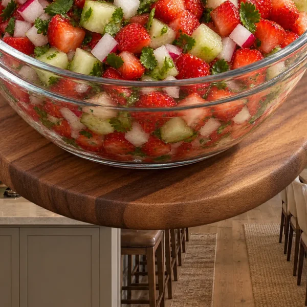 Finished strawberry pico de gallo in a glass bowl in the WFLI Photo House kitchen