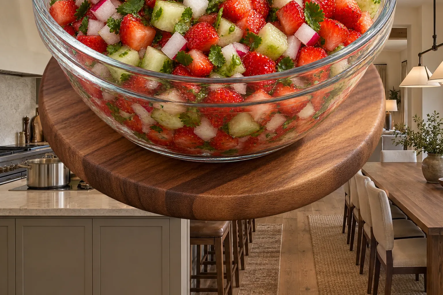 Finished strawberry pico de gallo in a glass bowl in the WFLI Photo House kitchen