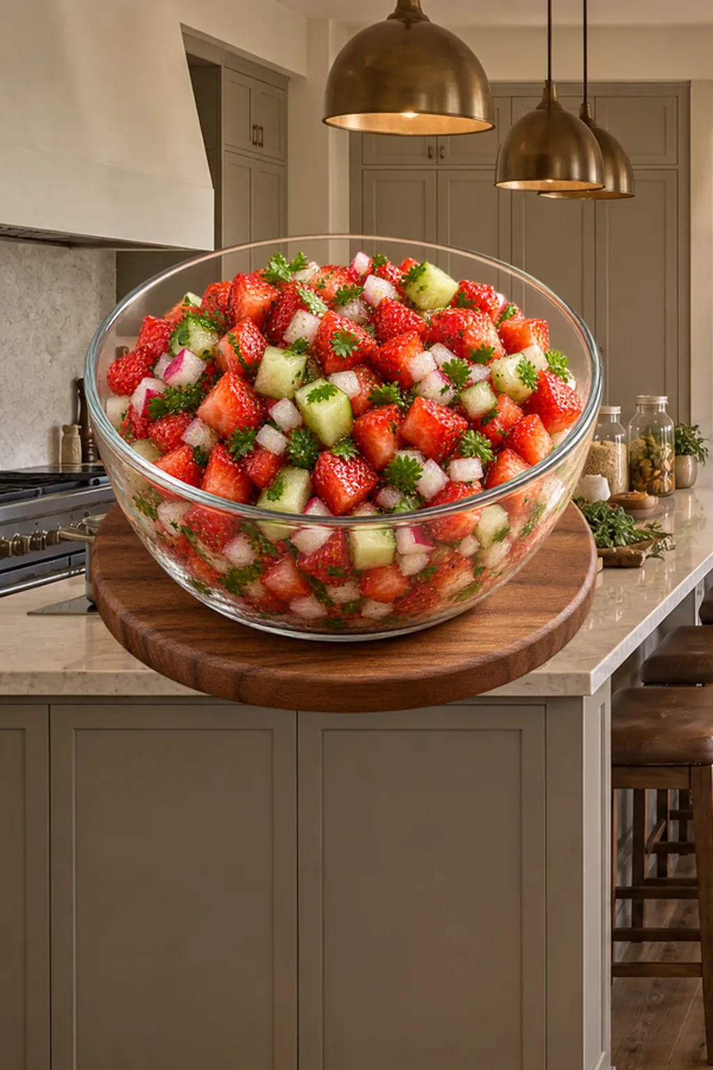Finished tomato-free strawberry pico de gallo in a glass bowl in the WFLI Photo House kitchen