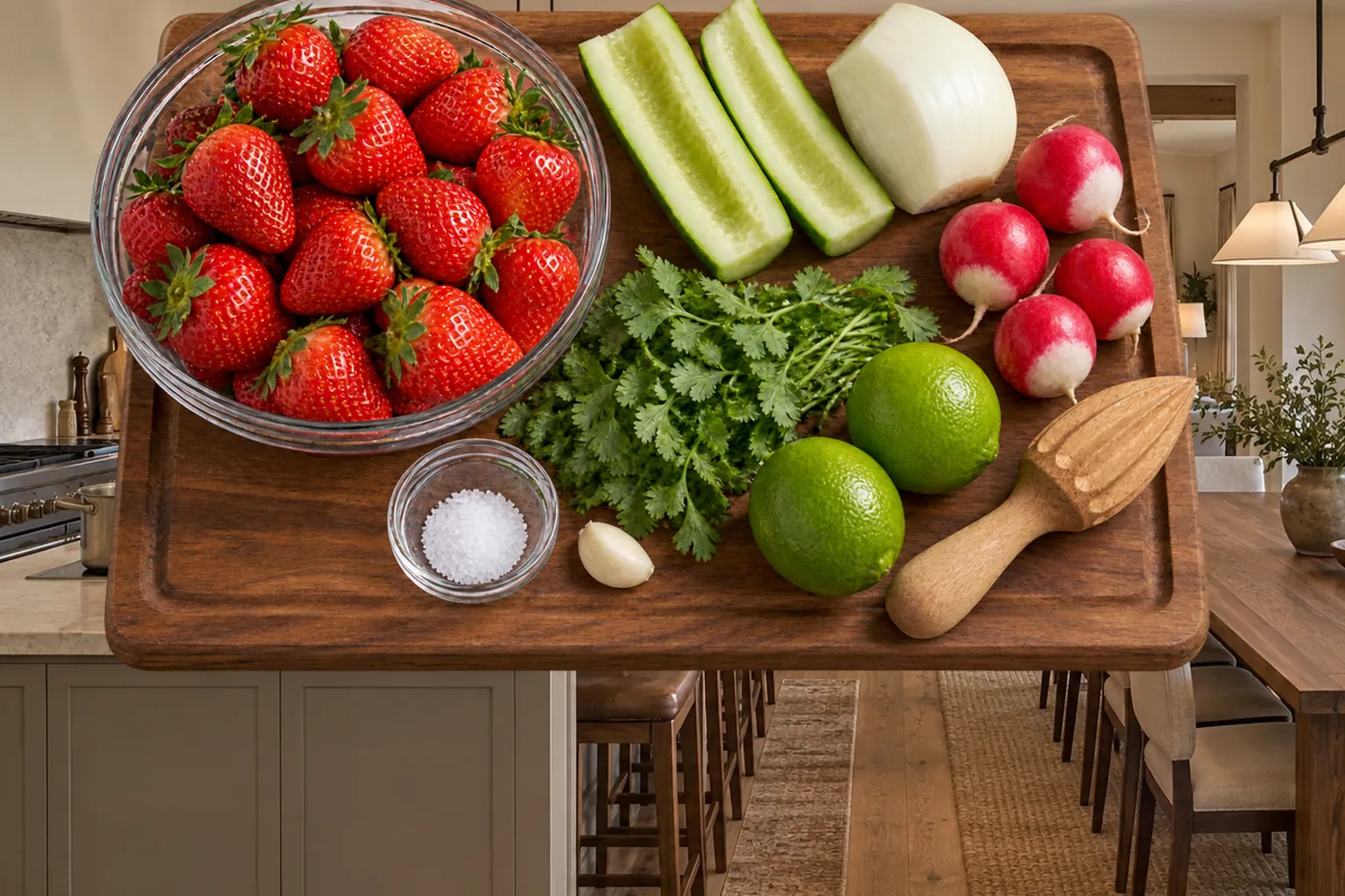 Fresh strawberries, peeled seeded cucumber, onion, four radishes, cilantro, two limes, sea salt, and garlic before chopping
