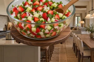 Diced strawberries, cucumber, onion, radish, cilantro, lime, and salt partly folded in a glass bowl