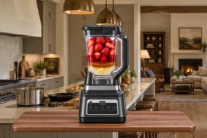 Strawberries, fresh-pressed pomegranate juice, raw honey, lemon, ginger, and sea salt layered in a Ninja BN801 blender before blending