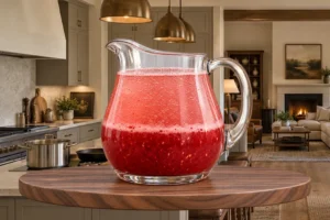 Carbonated mineral water resting above the blended strawberry-pomegranate concentrate before gentle stirring