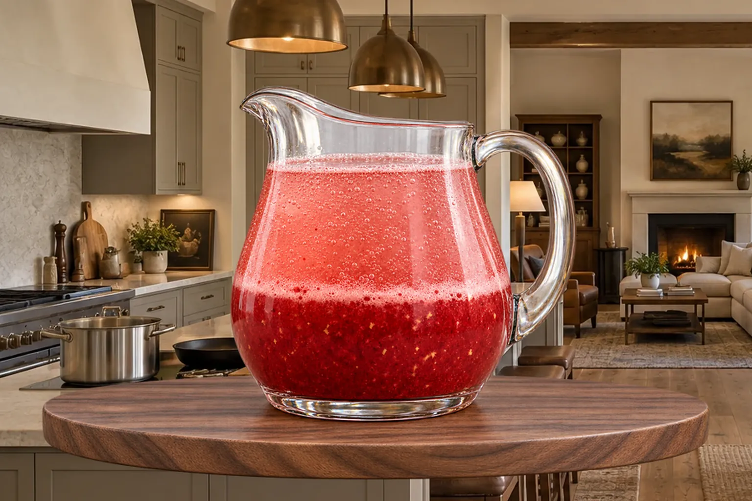 Carbonated mineral water resting above the blended strawberry-pomegranate concentrate before gentle stirring