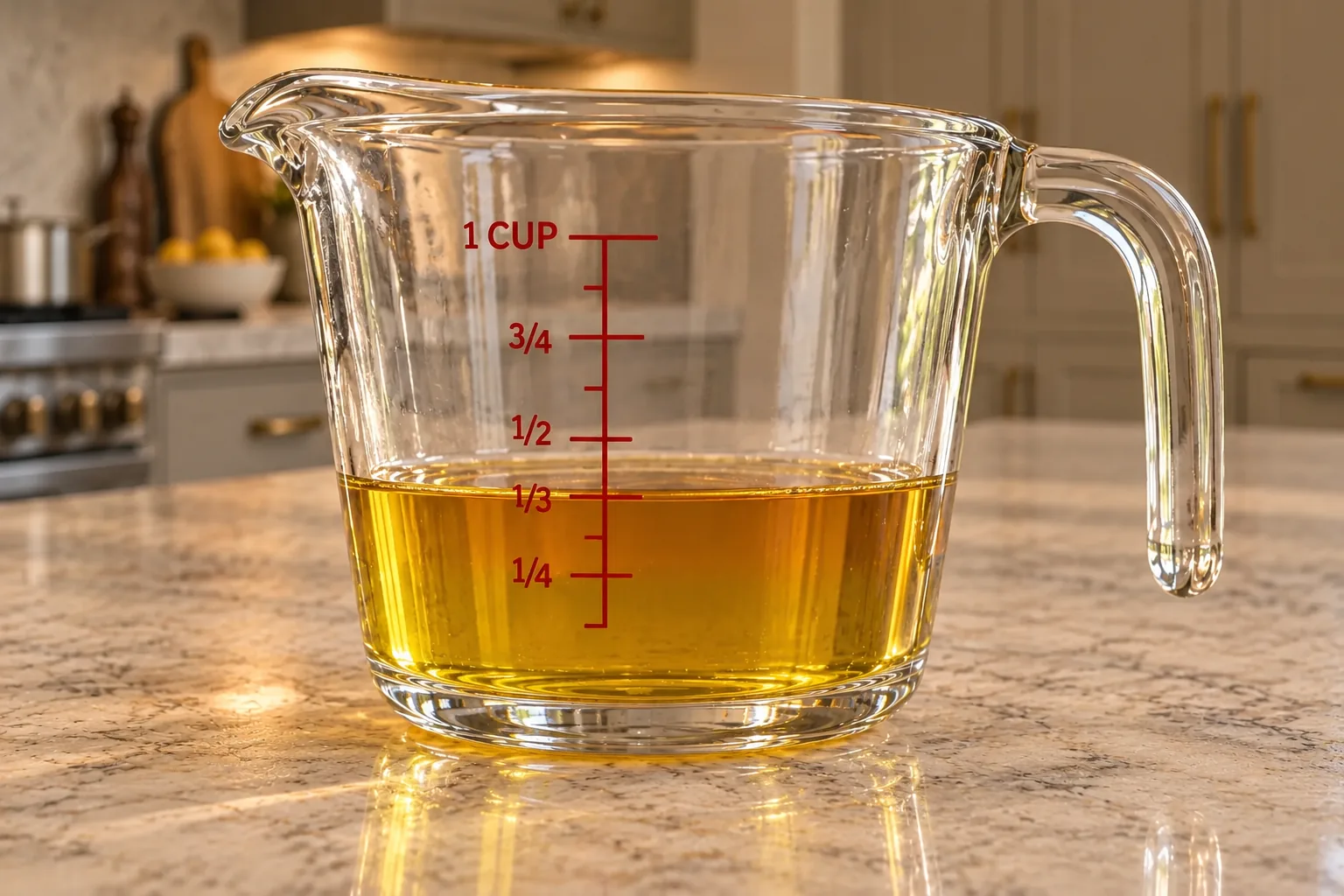 Olive oil and raw apple cider vinegar combined exactly at the one-third-cup line for Full GAPS dressing
