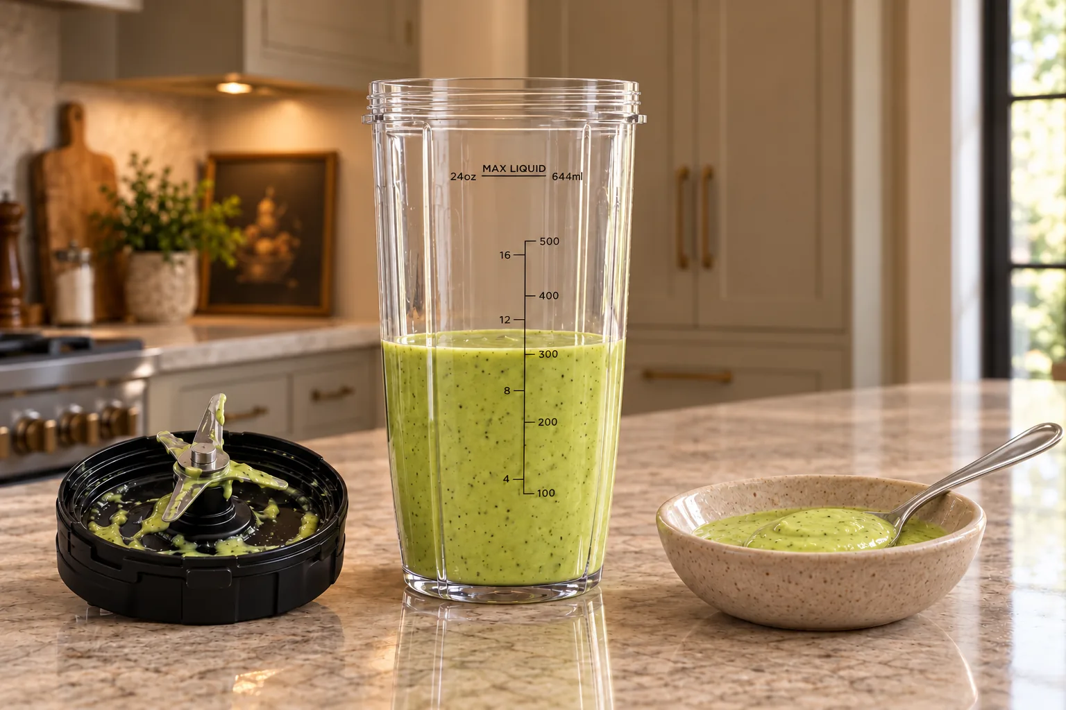 Tangy avocado mayo dressing in the exact open Ninja BN801 cup with used blade and supported spoon