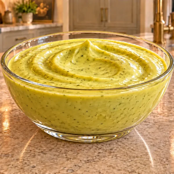 Tangy avocado mayo dressing for Full GAPS in a complete glass bowl on the WFLI kitchen island