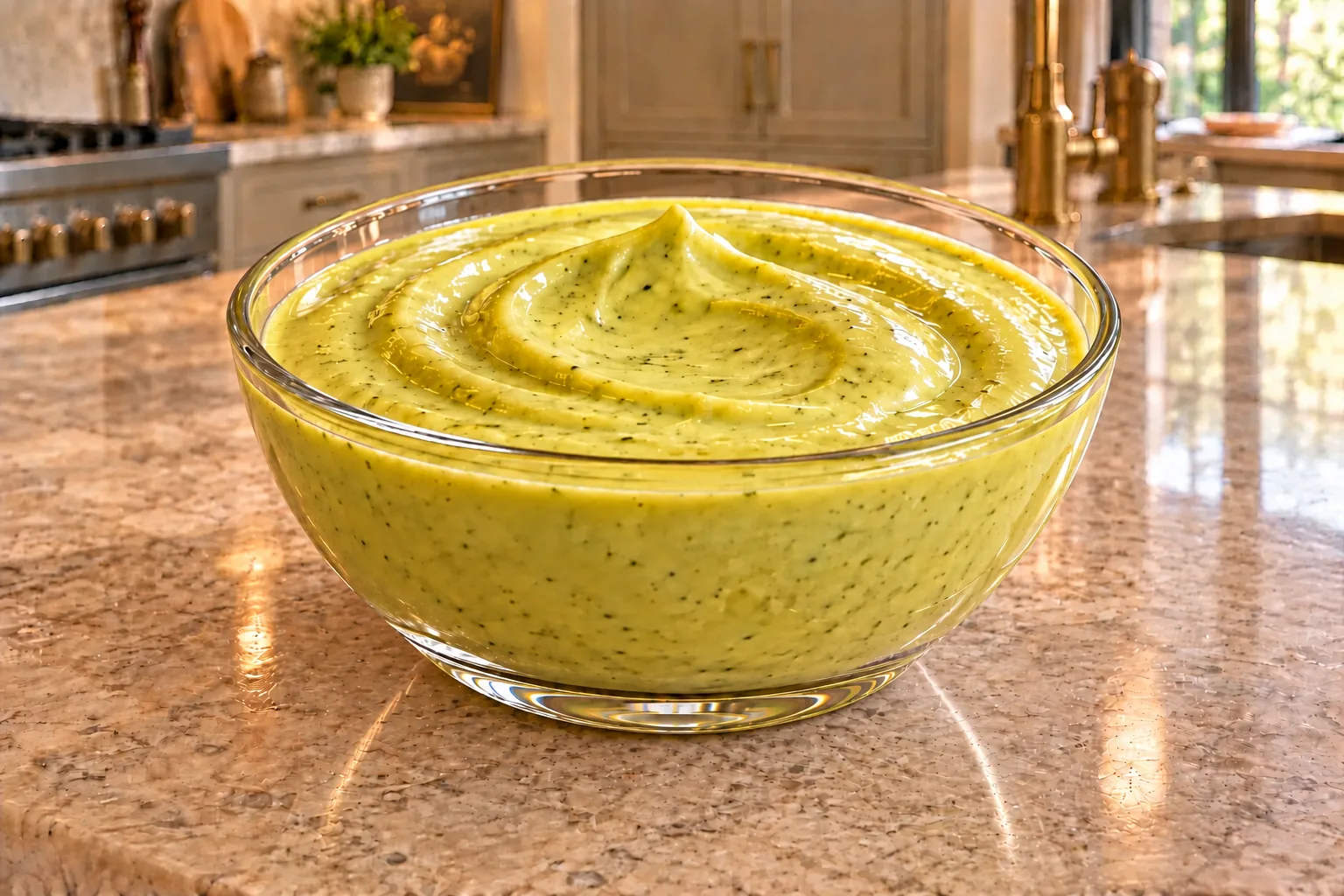 Tangy avocado mayo dressing for Full GAPS in a complete glass bowl on the WFLI kitchen island