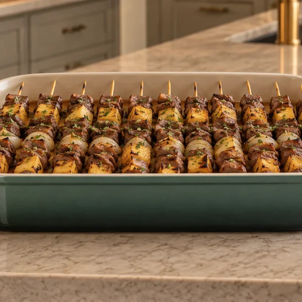 Twelve cooked Thai beef pineapple and onion kabobs resting in an Artichaut rectangular dish