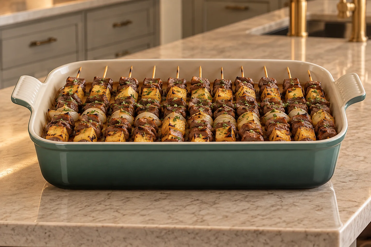 Twelve cooked Thai beef pineapple and onion kabobs resting in an Artichaut rectangular dish