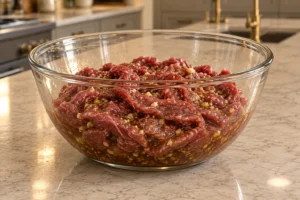 Thin sirloin strips resting in coconut aminos ginger garlic and raw honey marinade in a glass bowl