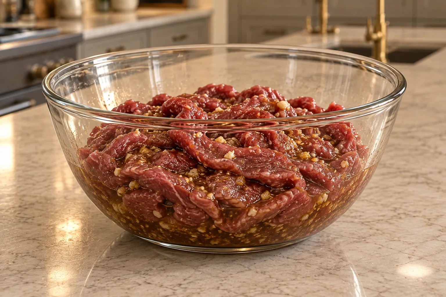 Thin sirloin strips resting in coconut aminos ginger garlic and raw honey marinade in a glass bowl