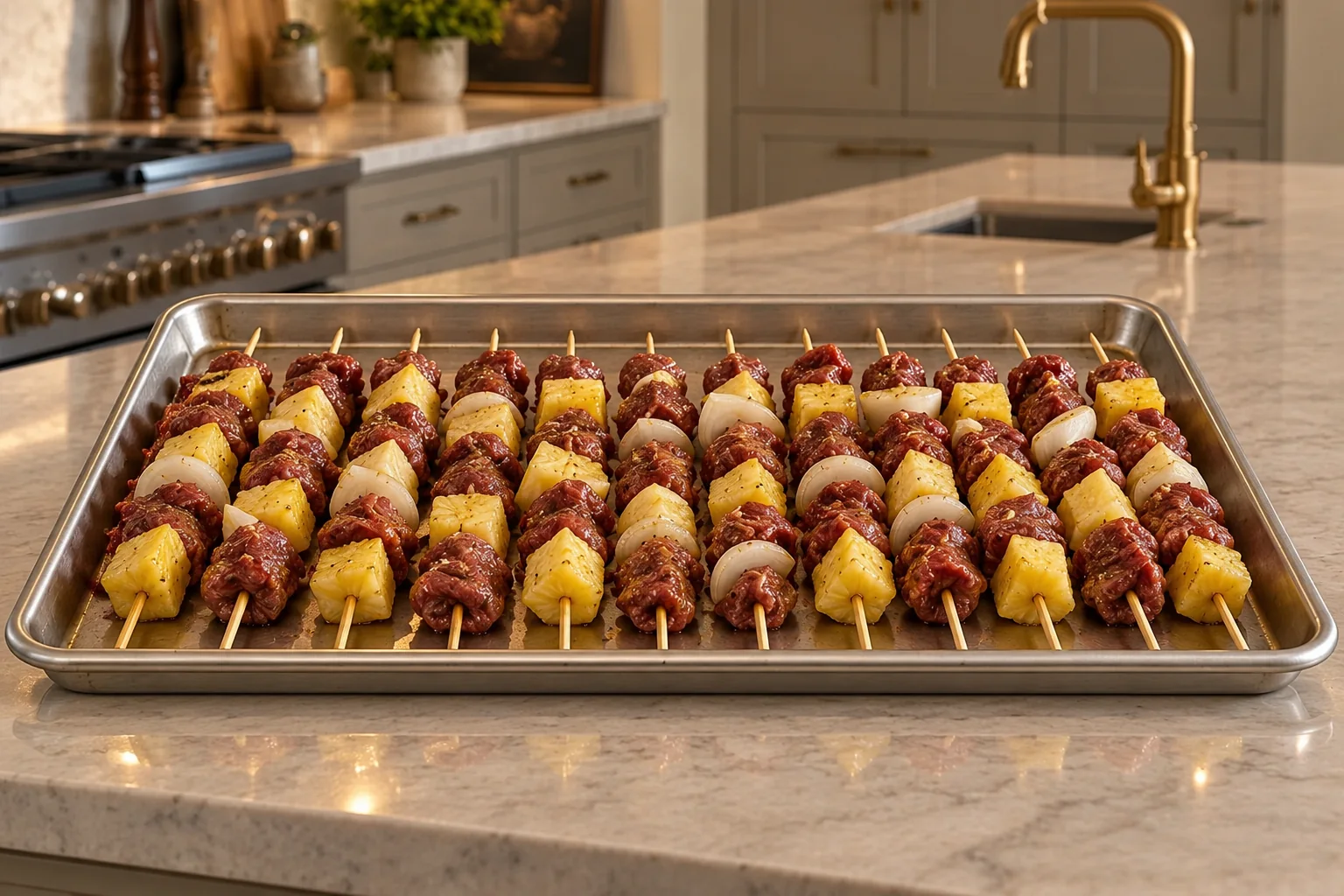 Twelve raw beef pineapple and onion skewers resting on a stainless sheet pan before broiling