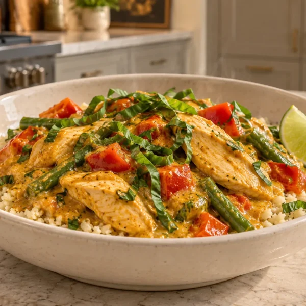 Thai-inspired coconut milk chicken curry served over cauliflower rice for Full GAPS