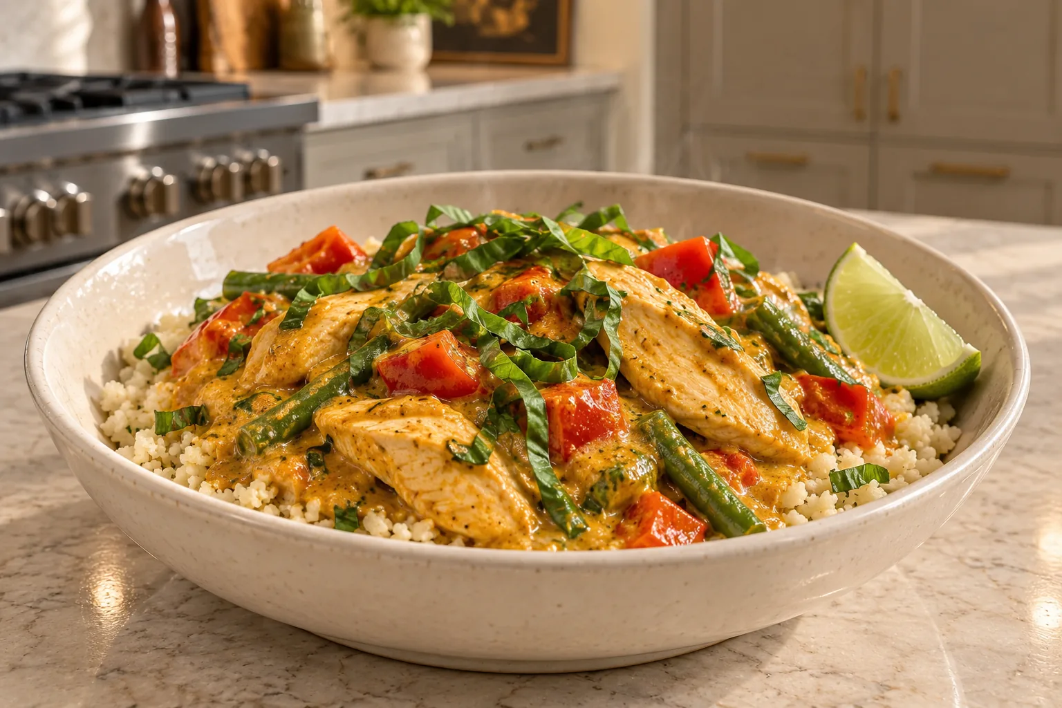 Thai-inspired coconut milk chicken curry served over cauliflower rice for Full GAPS