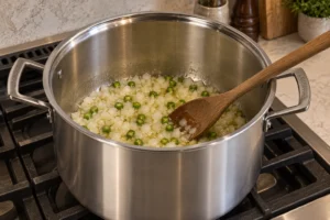 Diced onion and green chile softening in ghee inside a Le Creuset stainless stockpot