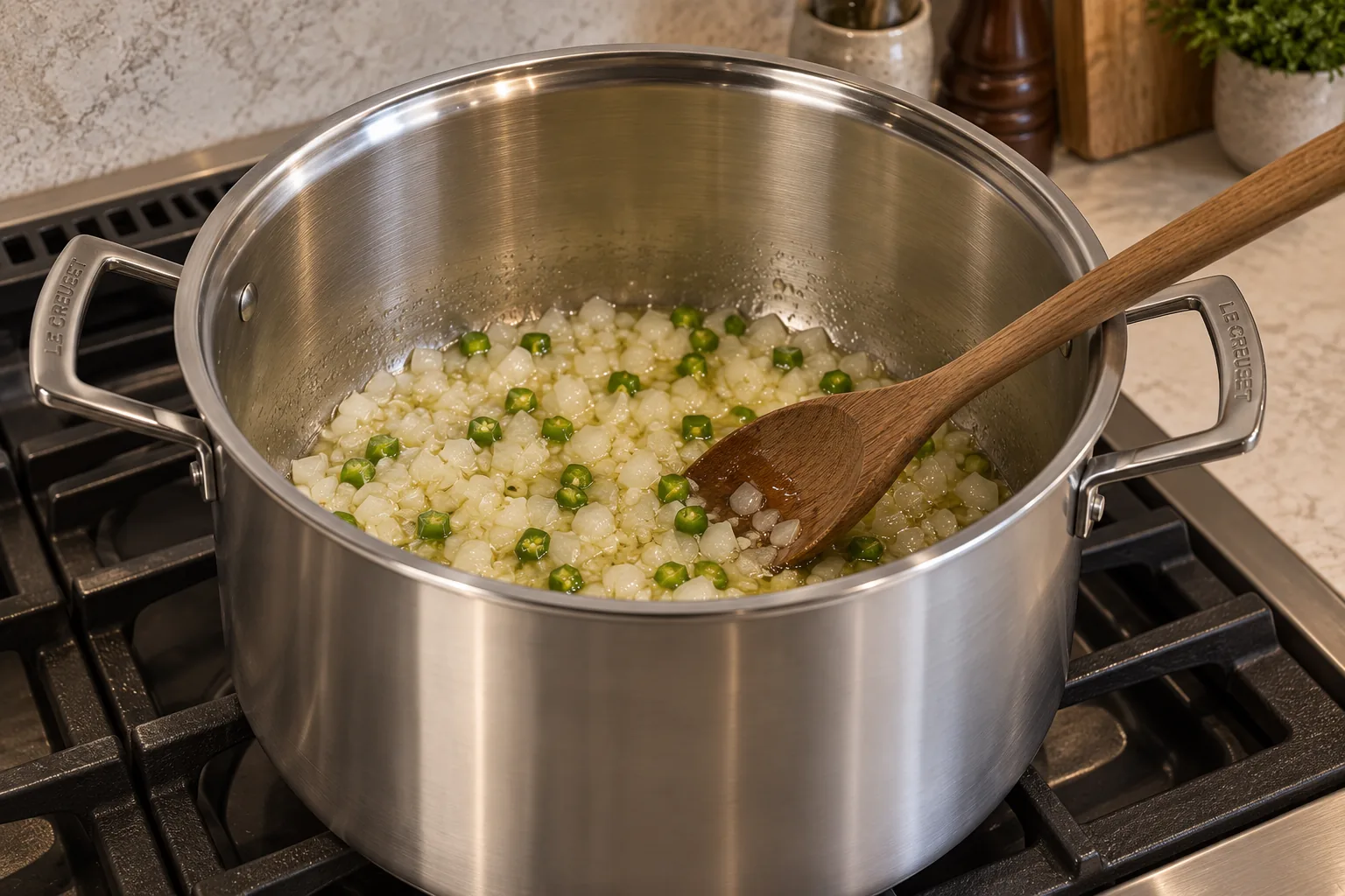 Diced onion and green chile softening in ghee inside a Le Creuset stainless stockpot