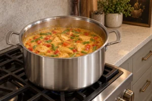 Thai coconut chicken curry simmering with bell pepper and green beans in a Le Creuset stainless stockpot