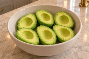 Six scooped avocado halves from three ripe avocados in a supported bowl