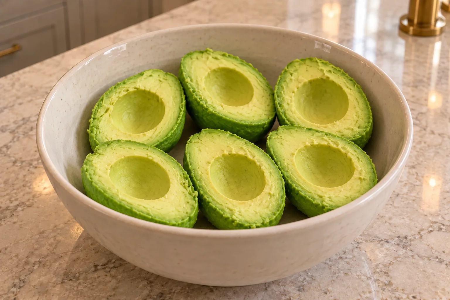 Six scooped avocado halves from three ripe avocados in a supported bowl