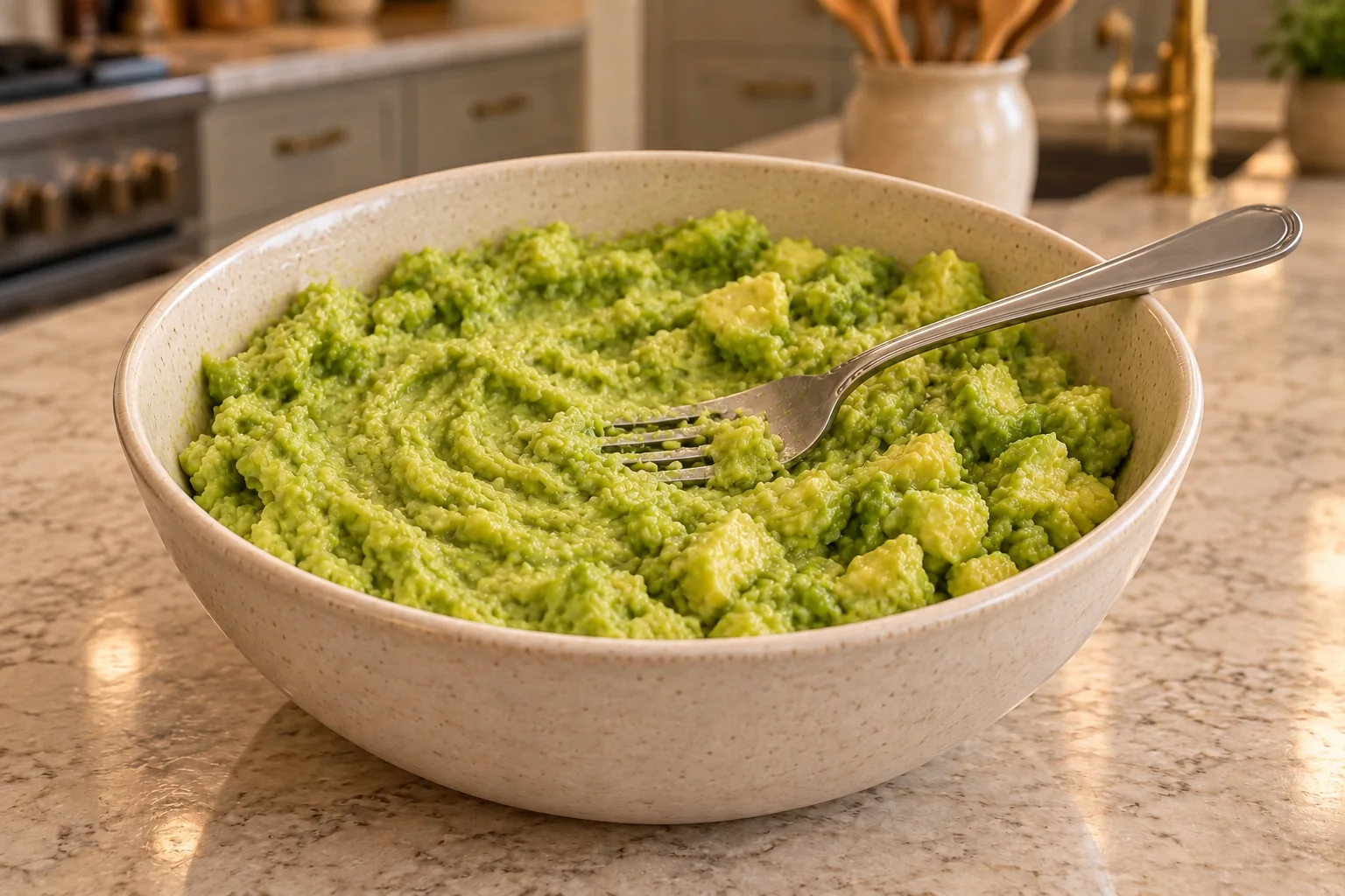 Three avocados partly mashed with lime and salt to a medium chunky texture