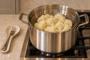 Very tender steamed cauliflower florets in a supported uncoated stainless steamer