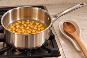 Eight chopped garlic cloves toasted evenly golden over very low heat in the exact Le Creuset stainless saucepan