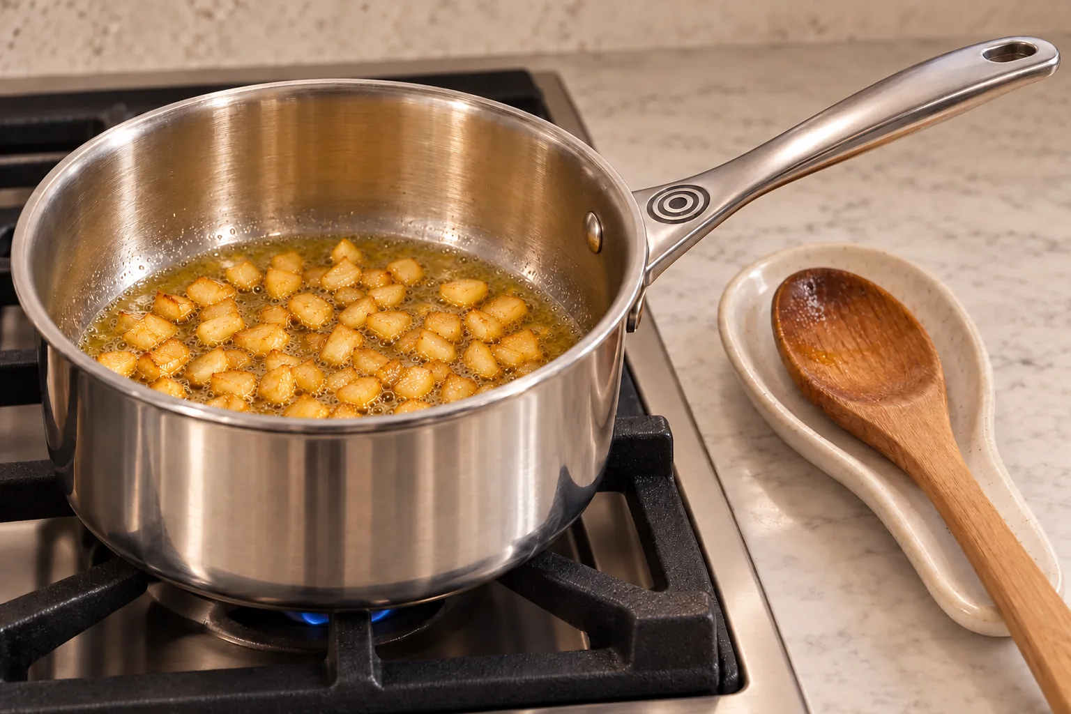 Eight chopped garlic cloves toasted evenly golden over very low heat in the exact Le Creuset stainless saucepan