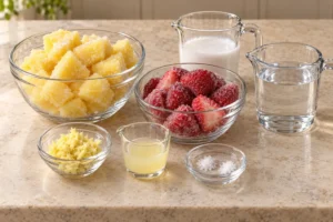Frozen pineapple strawberries ginger lemon salt coconut milk and water measured for the smoothie